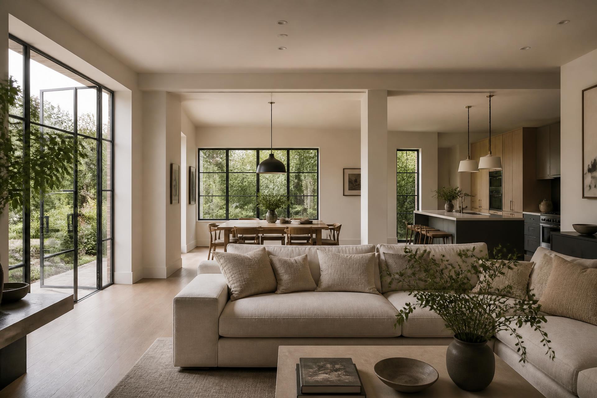 Open-plan living space in a renovated contemporary British home with steel-framed windows onto the garden